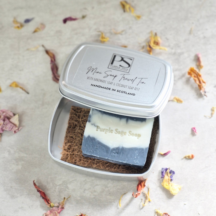 Mini travel soap tin with soap rest, handmade by Purple Sage Soap Company, made in Scotland