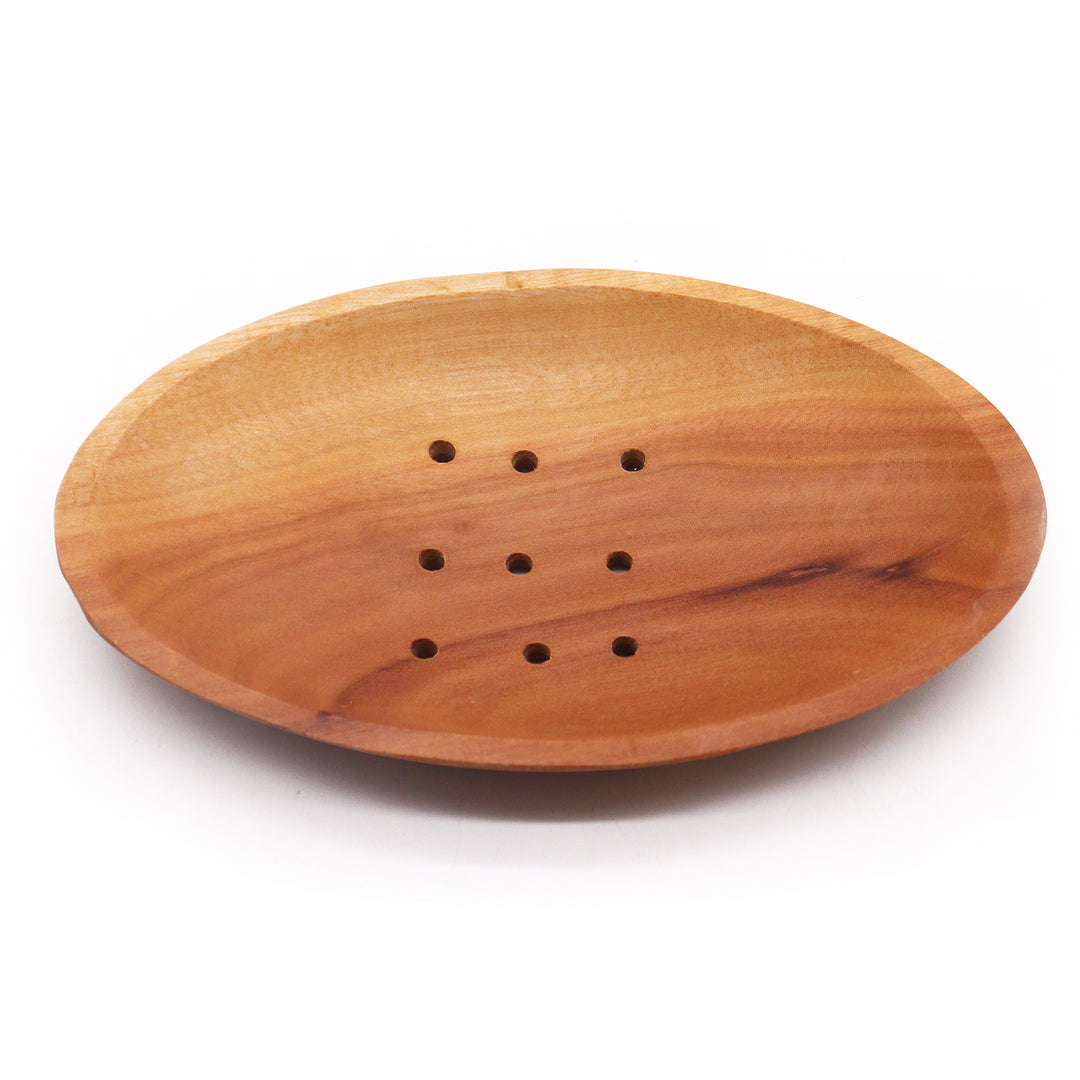 oval wooden soap dish with drainage holes